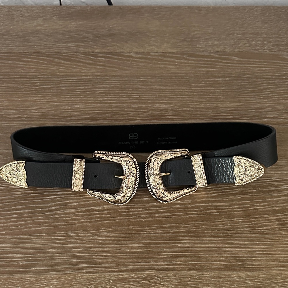 B-Low the Belt Black Leather Double Buckle Western Belt with Gold Hardware